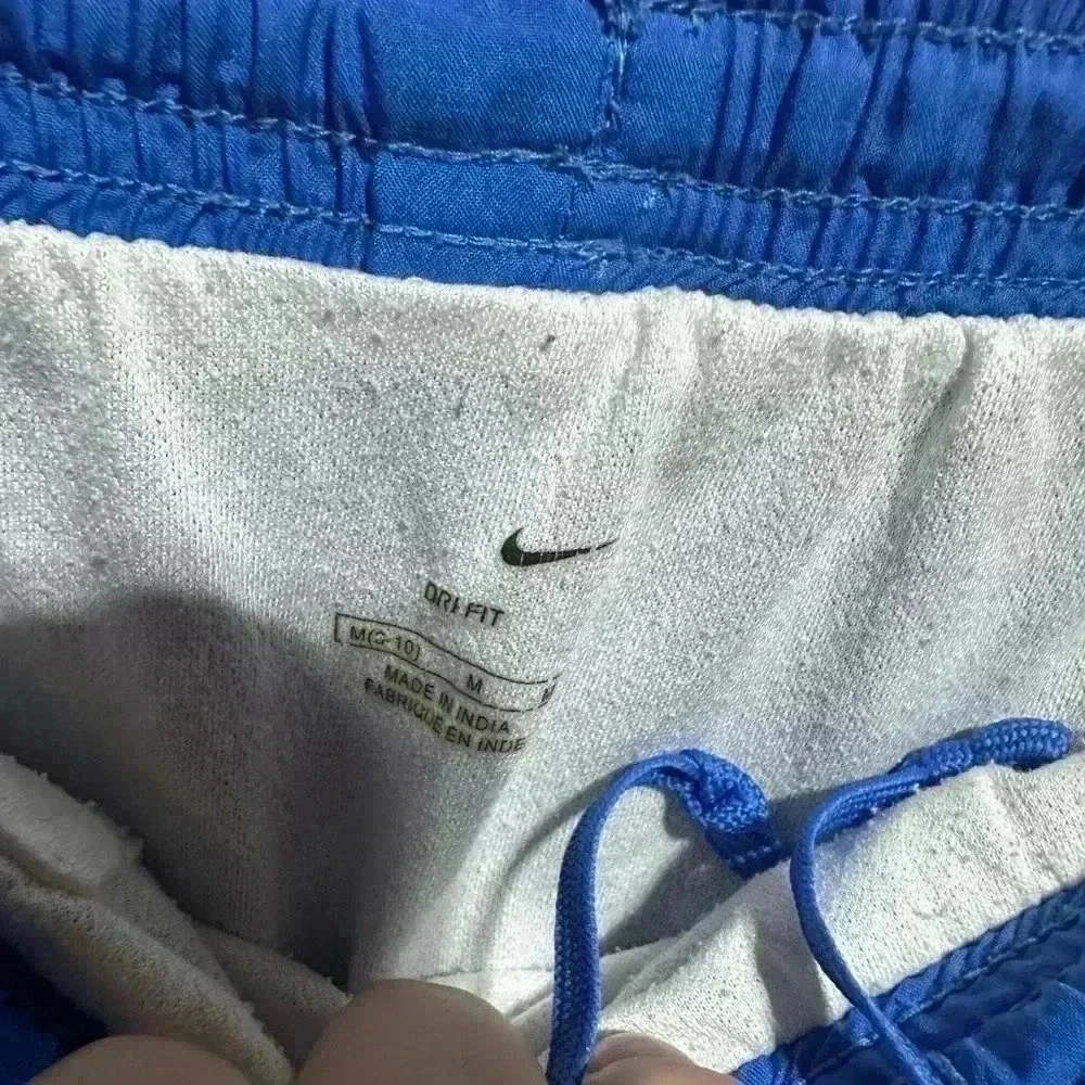 Women’s Nike Dri-Fit Running Shorts Blue White Sz Medium Neon Swoosh Logo Lined
